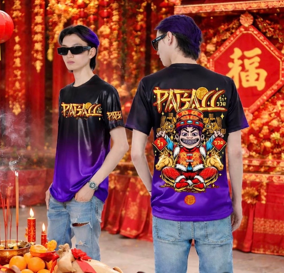 เสื้อยืด ปาบอล ดีไซน์ตรุษจีน ผลิตด้วยผ้าไมโครไฟเบอร์พรีเมียม อิ่มตัวม่วง-ดําแดง-ดํา