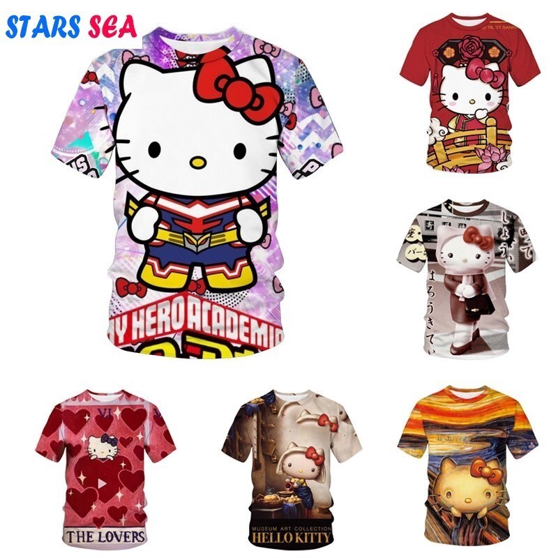 น่ารัก 3D Hello Kitty เสื้อยืดพิมพ์แขนสั้น O-คอลําลองหลวมสุภาพสตรี Street คอสเพลย์
