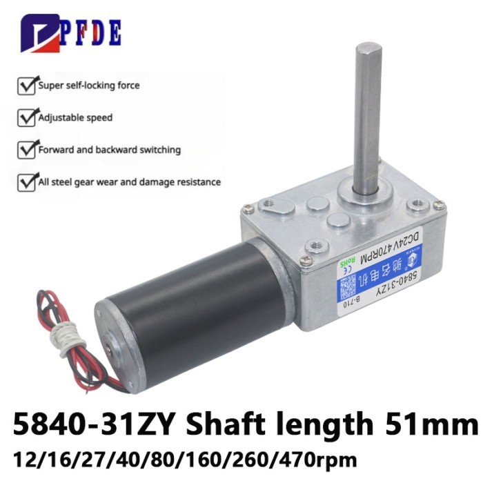 5840-31ZY-51 Geared Motor 12V 24V 12RPM~470RPM High Torque 70KG/CM High Power Worm Gear DC Motor Tu