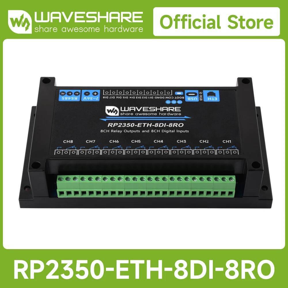 Waveshare โมดูลรีเลย์ RP2350 อุตสาหกรรม 8 ช่อง, ตามที่ RP2350 Dual-core และ Dual-architecture Microc