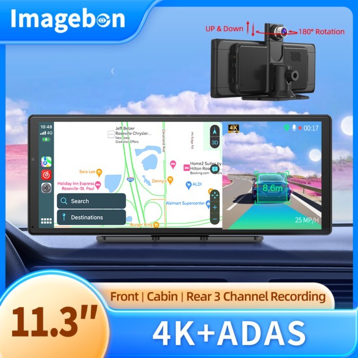 Imagebon 11.3" H60 Pro Dashcam 4K ADAS Wireless CarPlay & Android Auto 3 Channel Recording Night Vi