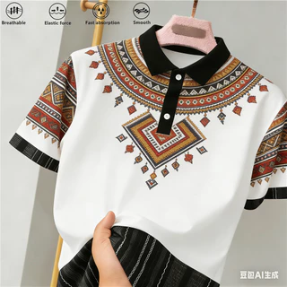 เสื้อโปโลแขนสั้นผู้ชาย ลายชาติพันธุ์ สวมใส่ง่ายในฤดูร้อน