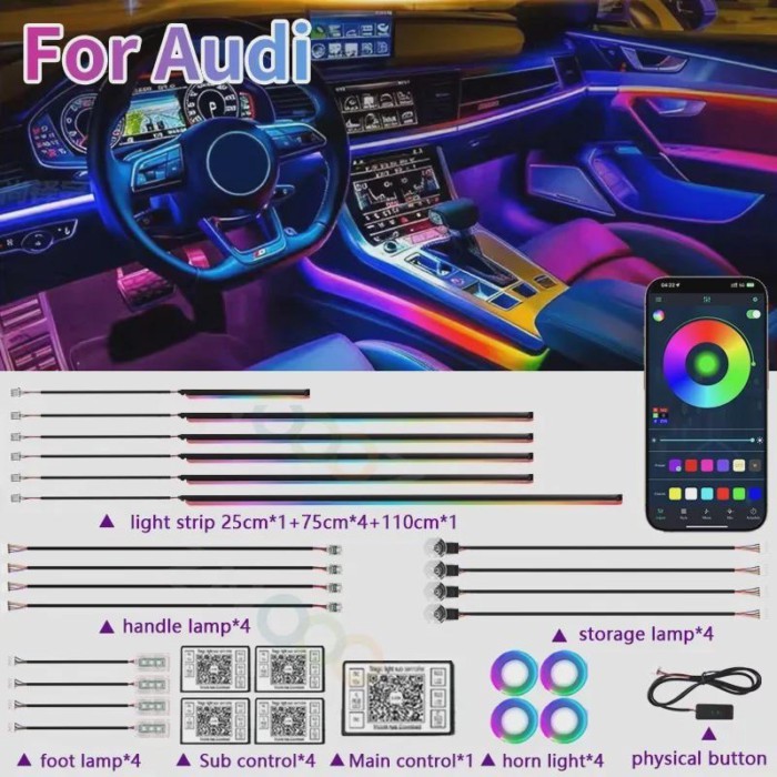 RGB 22in1 Car Interior Acrylic Car Ambient Lights For  Audi RS3 RS4 RS5 RS6 RS Car Decorative Light