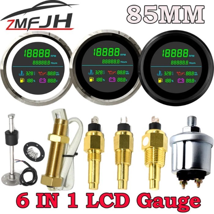 Car Boat 85 MM Multi-Function LCD Gauge 6 IN 1 Tachometer Oil Pressure Meter Water Temp Voltmeter F