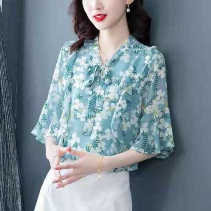 เสื้อเชิ้ตแขนพองลายดอกไม้สำหรับผู้หญิง สวมใส่ง่ายในฤดูร้อน