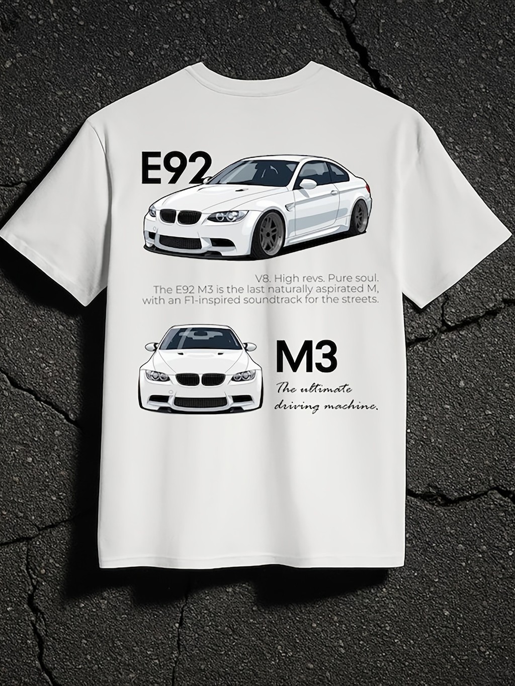 เสื้อยืดคอกลมรุ่น E92 M3 กับกราฟิกสีขาวและโลโก้ M3/E92 สำหรับใส่ลำลอง