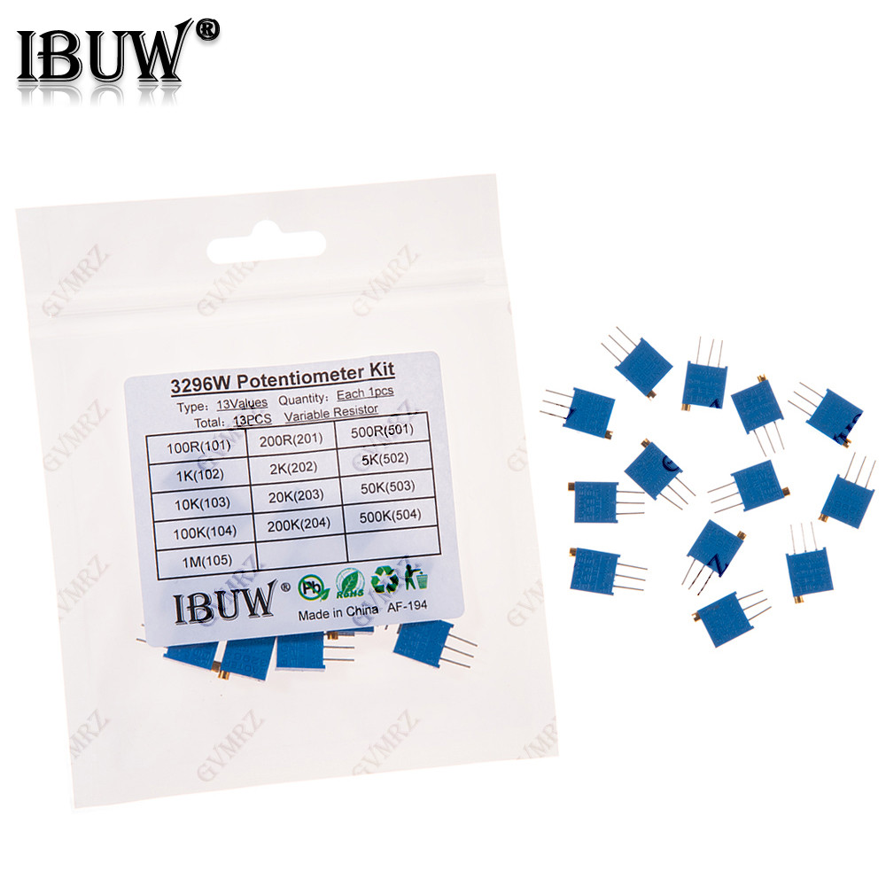 13PCS 3296W Trimmer Potentiometerปรับ Resistor 10K 100K 500K 1M Ohm Variable Resistor 3 PinsสําหรับD