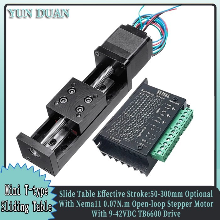 Mini T-type Sliding Table Rail Linear 50-300mm Stroke Nema11 28mm Stepper Motor Driver TB6600 Kit C