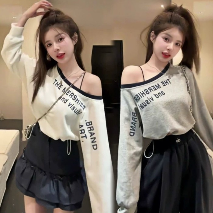 เสื้อแขนยาวผู้หญิงสไตล์ใหม่ สีสดใส พิมพ์ลายสวยงาม มีเชือกรูดปรับระดับและสายสะท้านข้ามไหล่