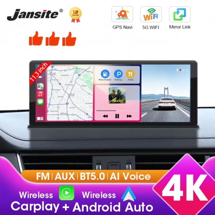 11.3 inch Car DVR 4K Dash Cam Wireless Carplay Android Auto Ai Screen Support Rear Cam Video Record