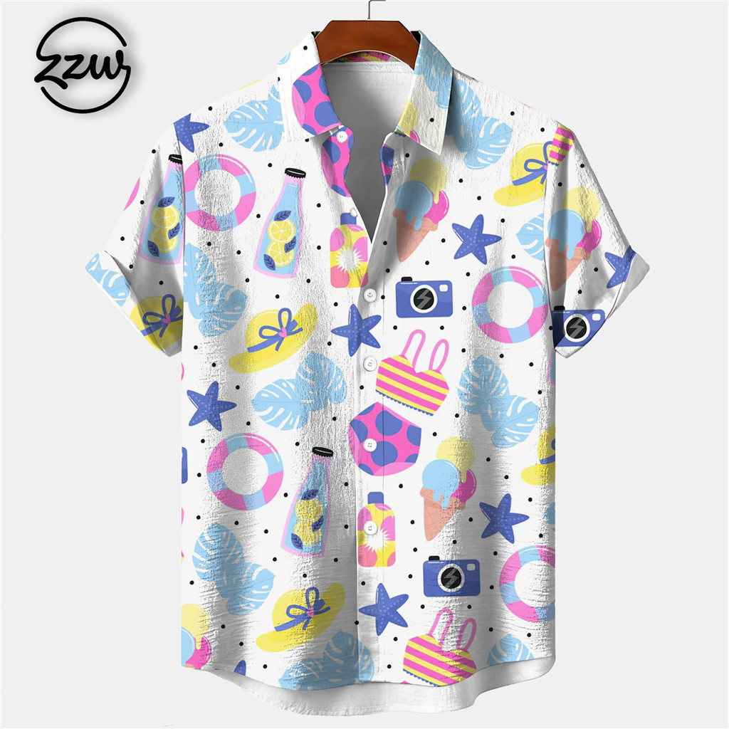 เสื้อเชิ้ตแขนสั้นสไตล์ฮาวายสีสันสดใสน่าสวมใส่ทุกวันสำหรับทั้งผู้ชายและผู้หญิง