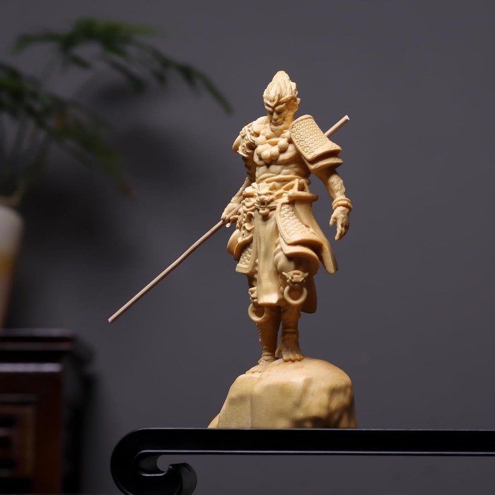 Hinoki Cypress Wood Hand Carved Standing Sun Wukong Statue Figurine - Black Myth Wukong Game Model