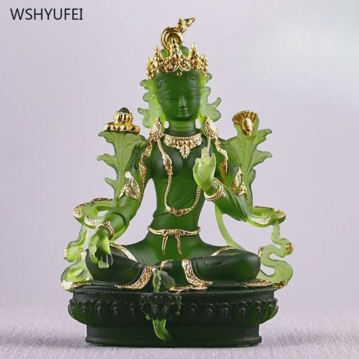 1 PCS Handmade Glass Green Tara Buddha Statue Chinese style Ancestral Hall Zen Temple Bodhisattva D