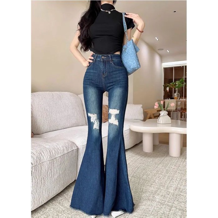 American Retro Flared กางเกงยีนส์เอวสูง ทรงslim-fit ลายฉีกริมขอบ