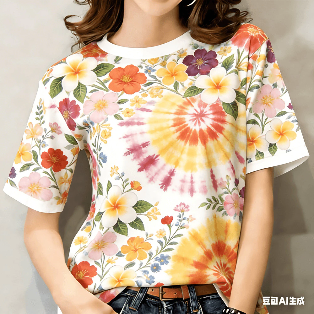 เสื้อยืดแขนสั้นลายดอกไม้ สงกรานต์ หญิงและชาย