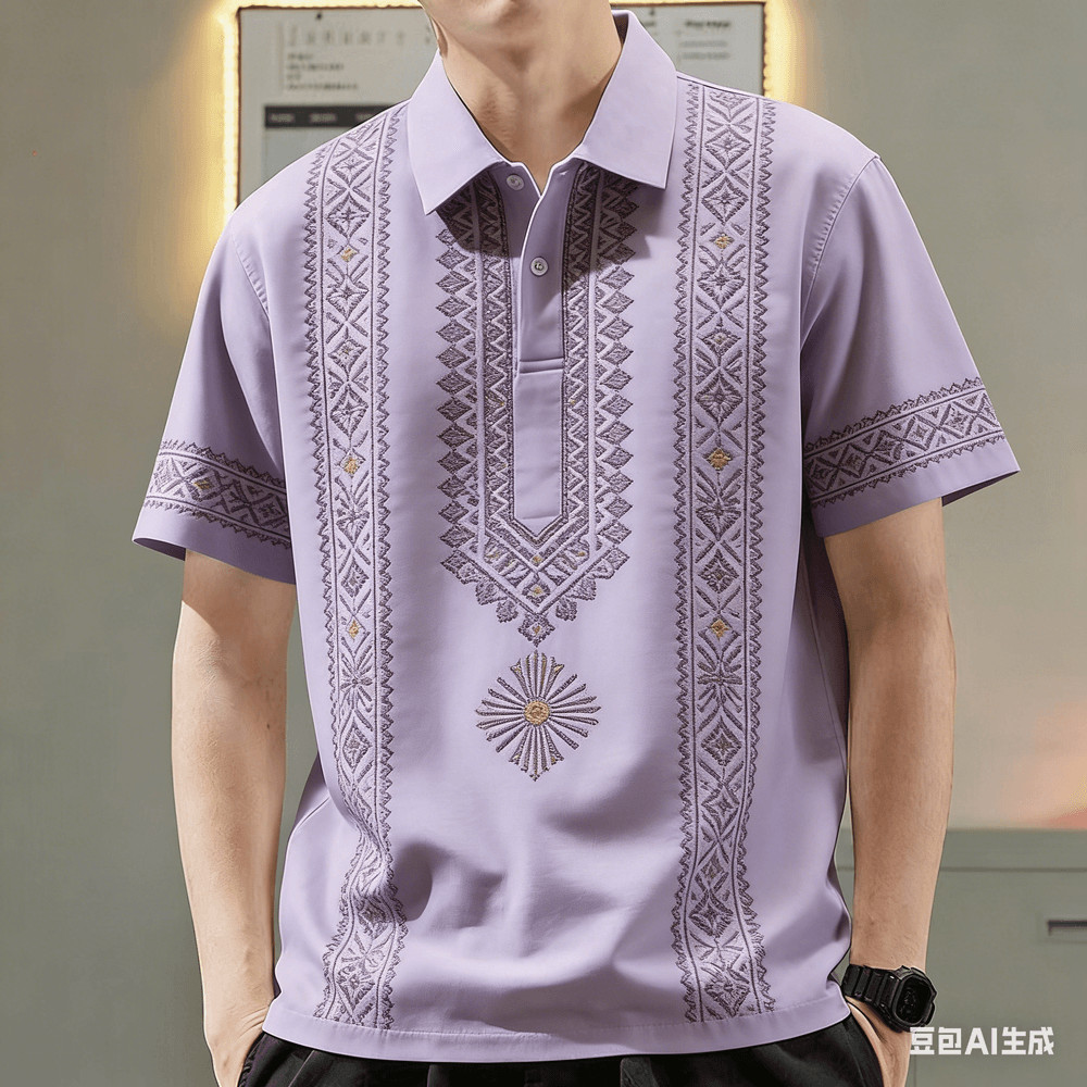 เสื้อโปโลผู้ชาย สไตล์วินเทจ เสื้อ Barong แขนสั้น ใส่ได้ทั้งในโอกาสลำลองและนอกสถานที่