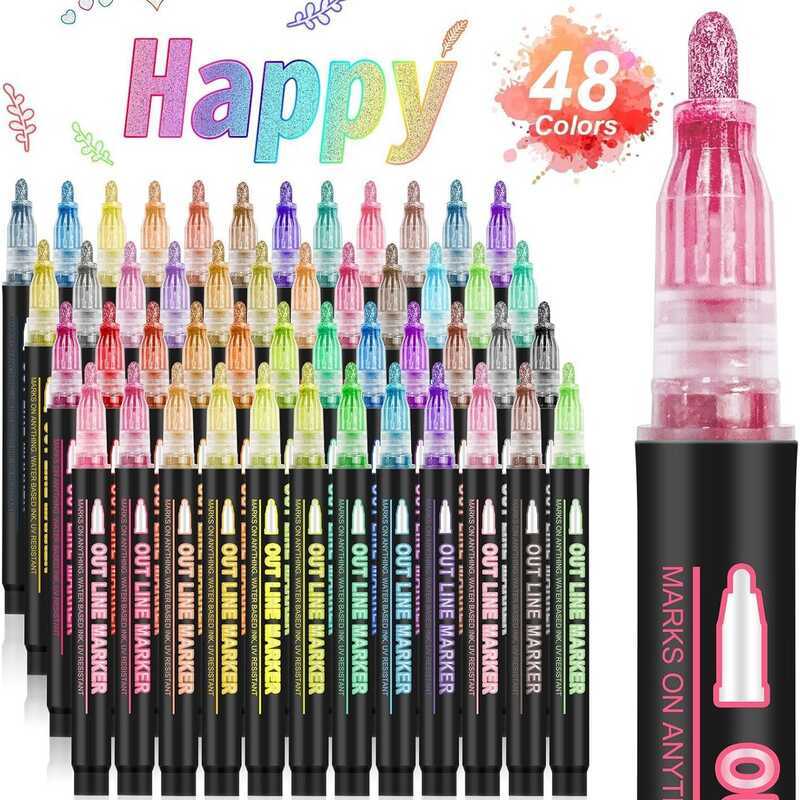 ปากกาคอนทัวร์ Double-Line แฟนตาซีกระพริบโลหะ 48 สี DIY คู่มือปากกาเน้นข้อความคริสต์มาสสีสันสดใส