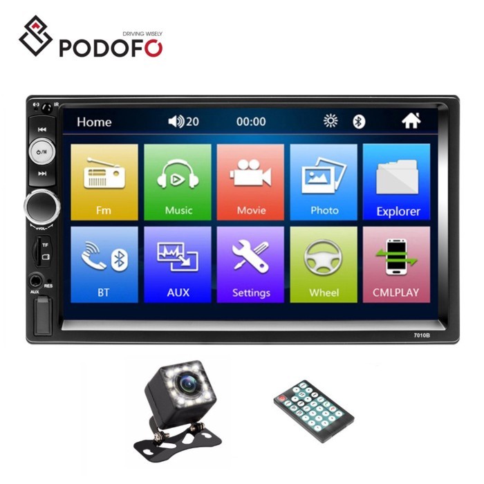 Podofo 2 Din Car Radio Car Video Player 7'' HD Player MP5 Touch Screen FM AUX USB SD 7010B + 12 LED