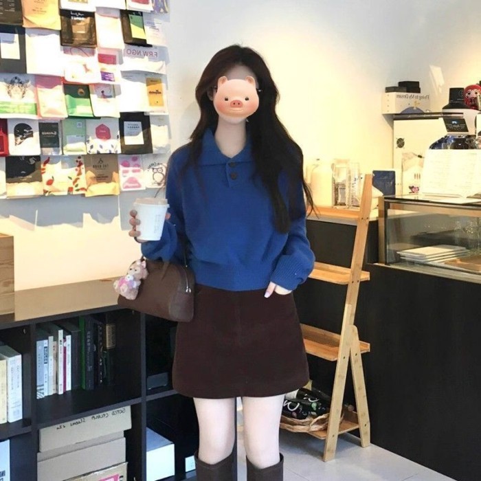 เสื้อกันหนาวแขนยาวสไตล์เกาหลีเรียบง่าย แบบลูกเกลียวคอลายโปโล กิเลนบลูสำหรับผู้หญิง - รูปที่ 2