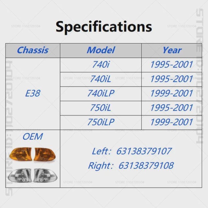 for 1995-2001 E38 BMW 740i 740iL 740iLP 750iL Front Turn Signal Corner Lights Parking Lamps (No Bul