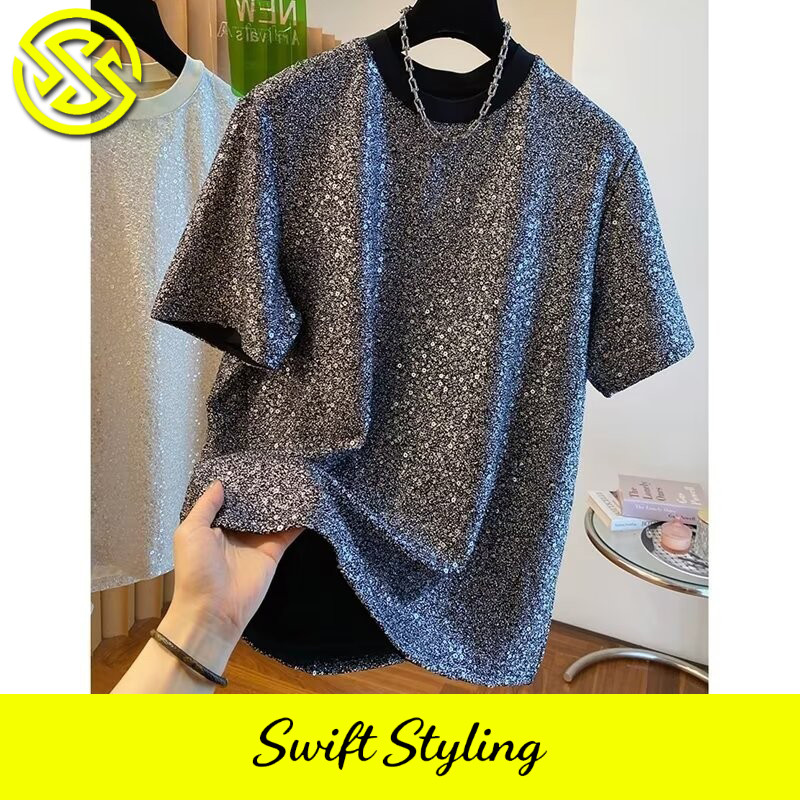 [เสื้อผ้าผู้ชาย Speedy TW Flagship Store] M-3XL สินค้ายุโรป Sequined ผ้าไหมสดใสแขนสั้นเสื้อยืดผู้ชาย