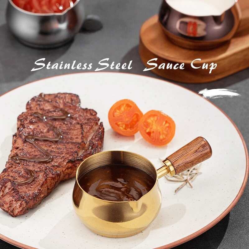 C 100Ml 304 Stainless Steel Sauce Cup Western Sauce Cup Beef Steak Seasoning Cup Wooden Handle Hand
