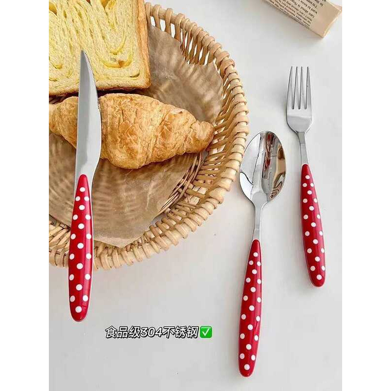 C Dessert Spoon, Red Polka Dot Plastic Handle T Set, Stainless Steel T,Coffee Spoon,Dessert Fork Cu