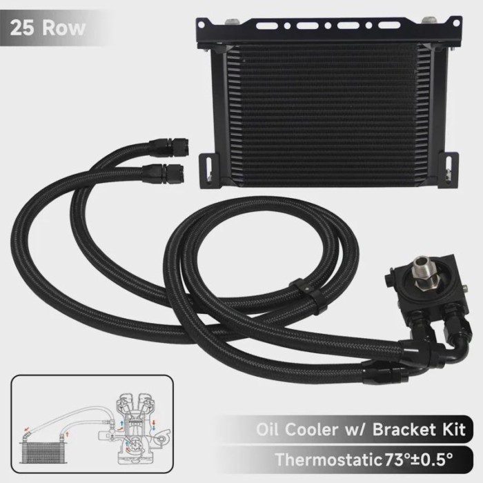 Oil Cooler Kit Universal AN10 25 Row w/ Mounting Bracket Thermostatic 73±0.5° 7/8"-14 UNF And 1/8"