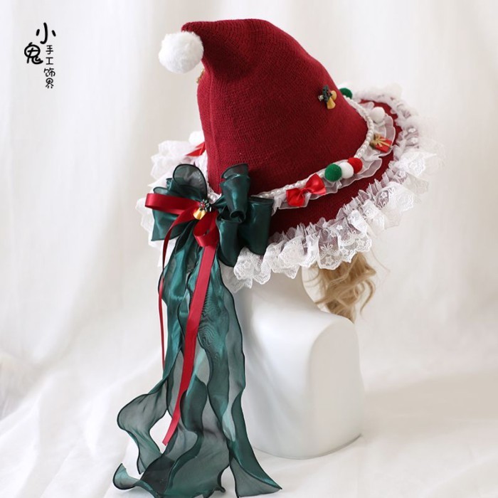 Original Lolita Christmas Bow Plush Lace Miko หมวกคริสต์มาส Miko หมวก Lolita Miko หมวก