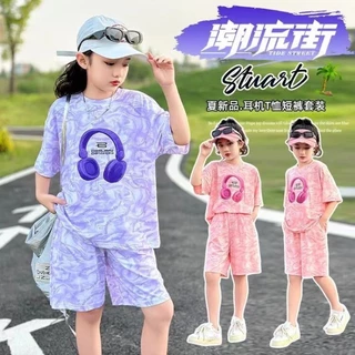 Akaki🌼 ชุดกีฬาฤดูร้อนสำหรับเด็กผู้หญิงปี 2026 สไตล์ใหม่เสื้อลำลองแขนสั้นและกางเกงขาสั้นเด็กขนาดกลา