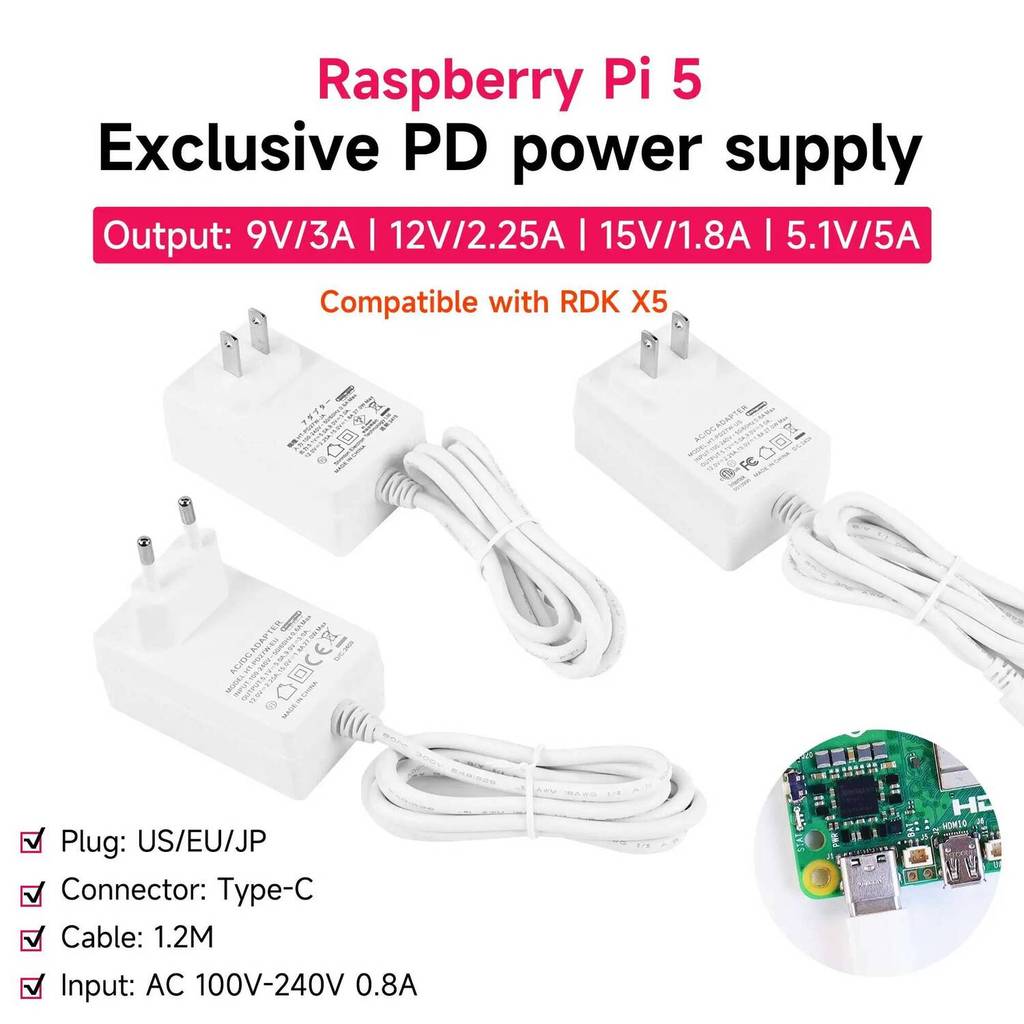 Raspberry Pi Power Supply PD 27W USB-C Power Adapter 5.1V 5A EU US JP Charger สําหรับ Raspberry Pi 5