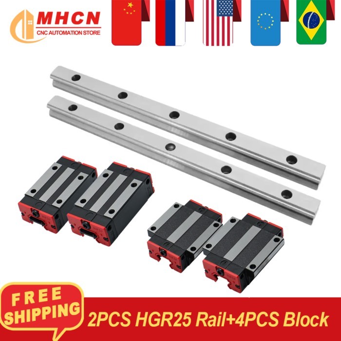 MHCN 2 pcs HGR25 200-500mm Linear Rails+ 4 pcs ordinary/Steel HGH25CA/HGW25CC Carriages for CNC Rou