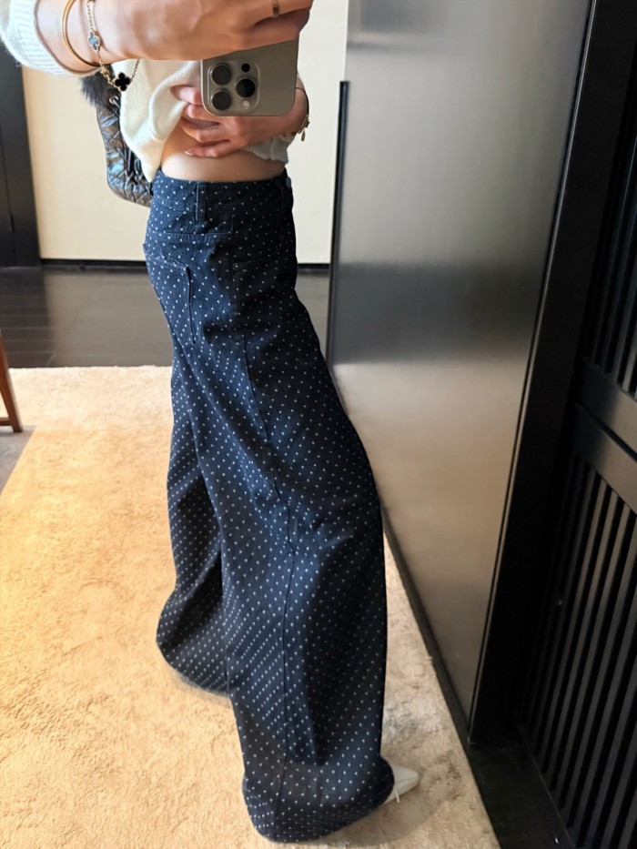 Shanmieleng กางเกงยีนส์ดอท Polka Dot สำหรับผู้หญิง แบบขากว้าง สไตล์ลำลอง เหมาะสำหรับฤดูใบไม้ผลิ