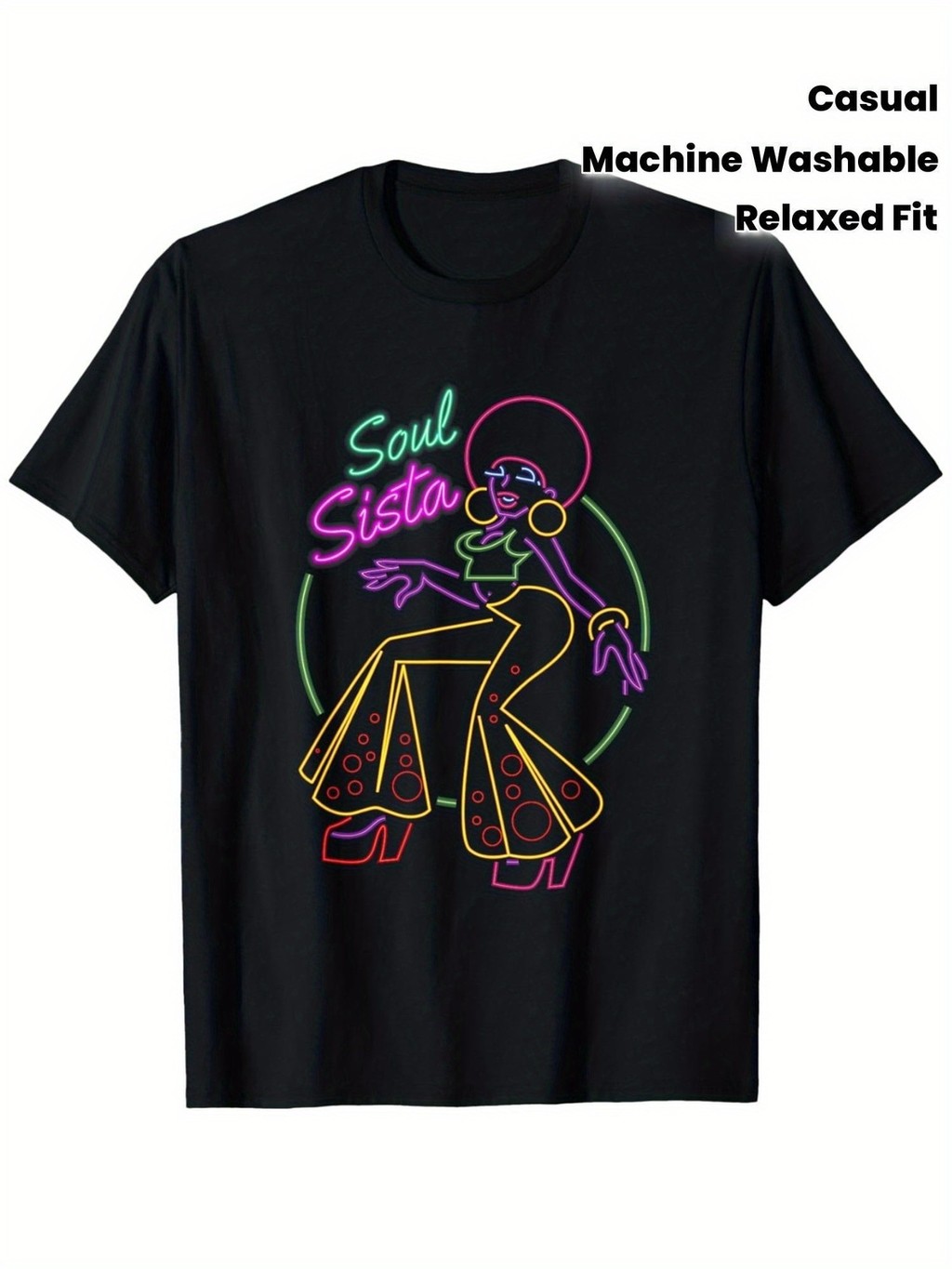 Soul Sista 70s Retro Disco Graphic T-Shirt - Neon Glow-in-the-Dark Print Vintage 70s Style, Unisex O