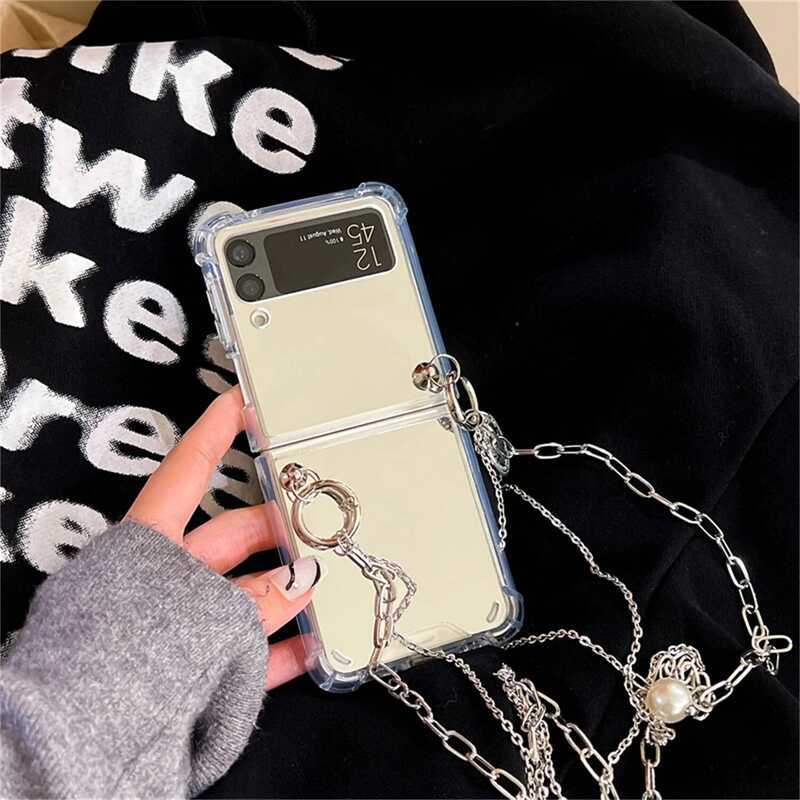 ▥ ury Crossbody Pearl Pendant Coin Bracelets Chain Mirror Case For Samsung Galaxy Flip 5 4 5