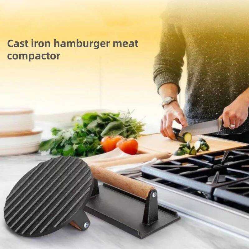 C 1Pc Cast Iron Rectangular Meat Press Round Heavy-Duty Steak Burger Press Barbecue Press For Flat