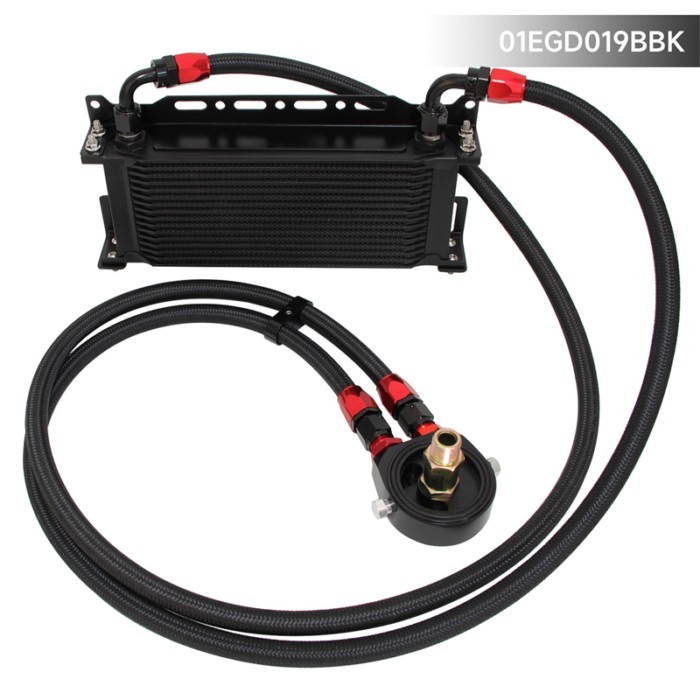 16 Row AN8 Engine Oil Cooler + Filter Sandwich Adapter Kit w/Bracket Black/Blue