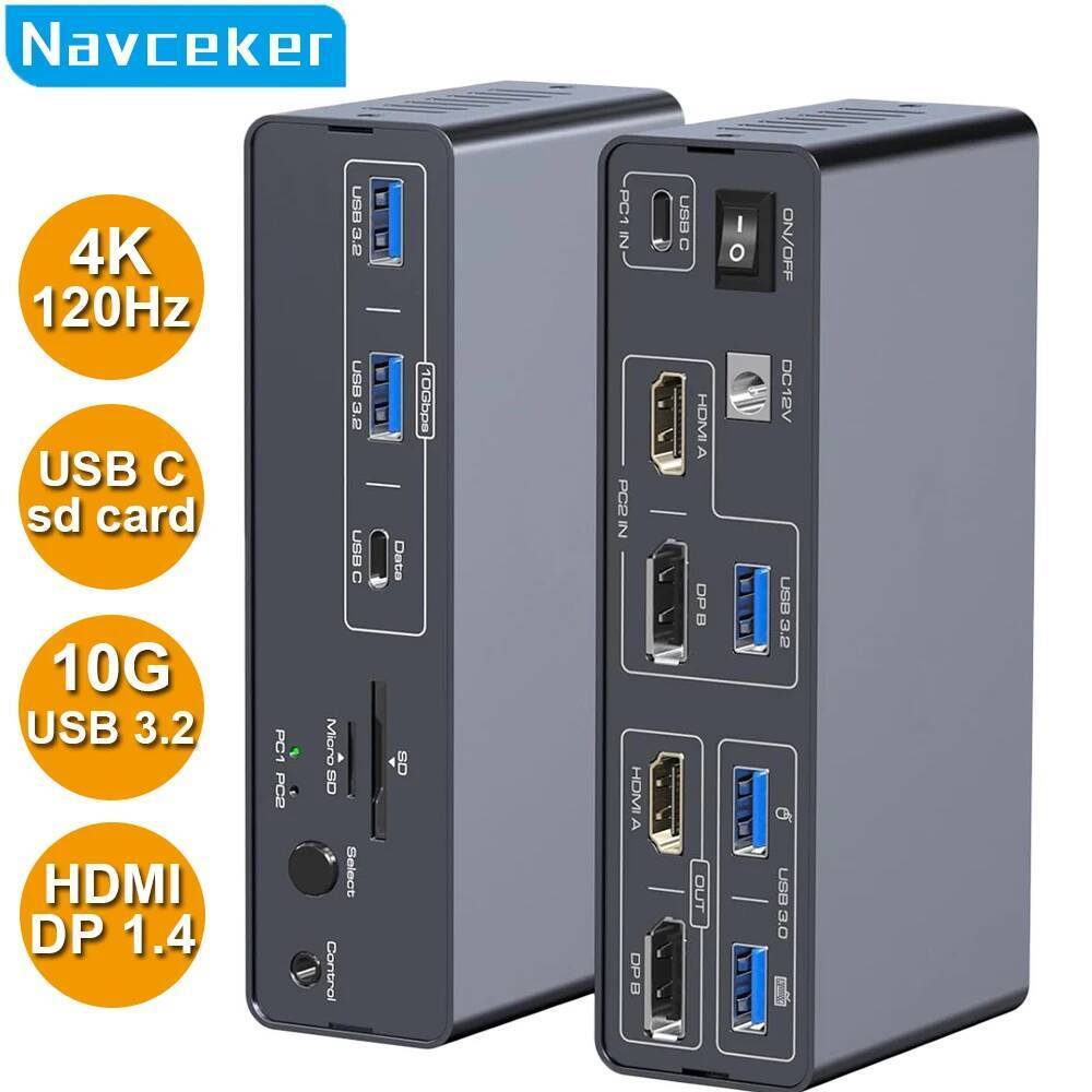 Navceker 10Gbps USB 3.2 USB C Displayport KVM Switch 4K 60Hz Type C HDMI KVM Switch 1 แล็ปท็อป 1 Des