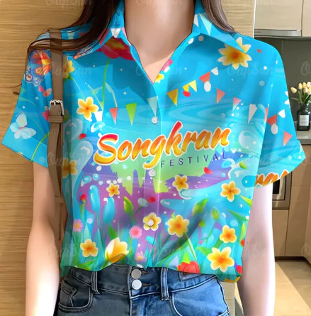 เสื้อสงกรานต์ผู้หญิงลายดอก แขนสั้น ทรงหลวม thumbnail 3