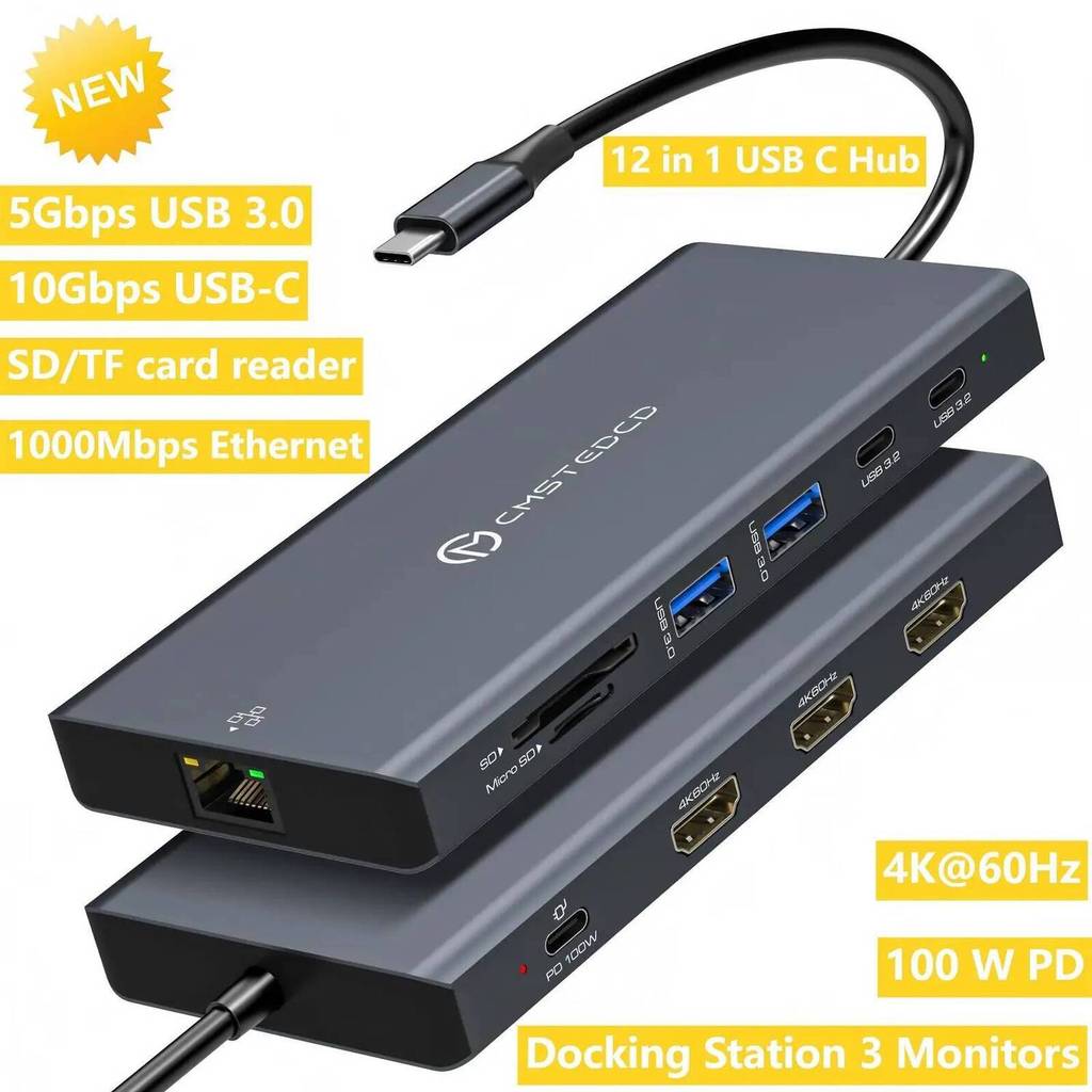 Docking Station USB C พร้อม DisplayPort 4K@120Hz HDMI 4K@60Hz USB C 4K@60Hz,12-in-1 Docking Station 