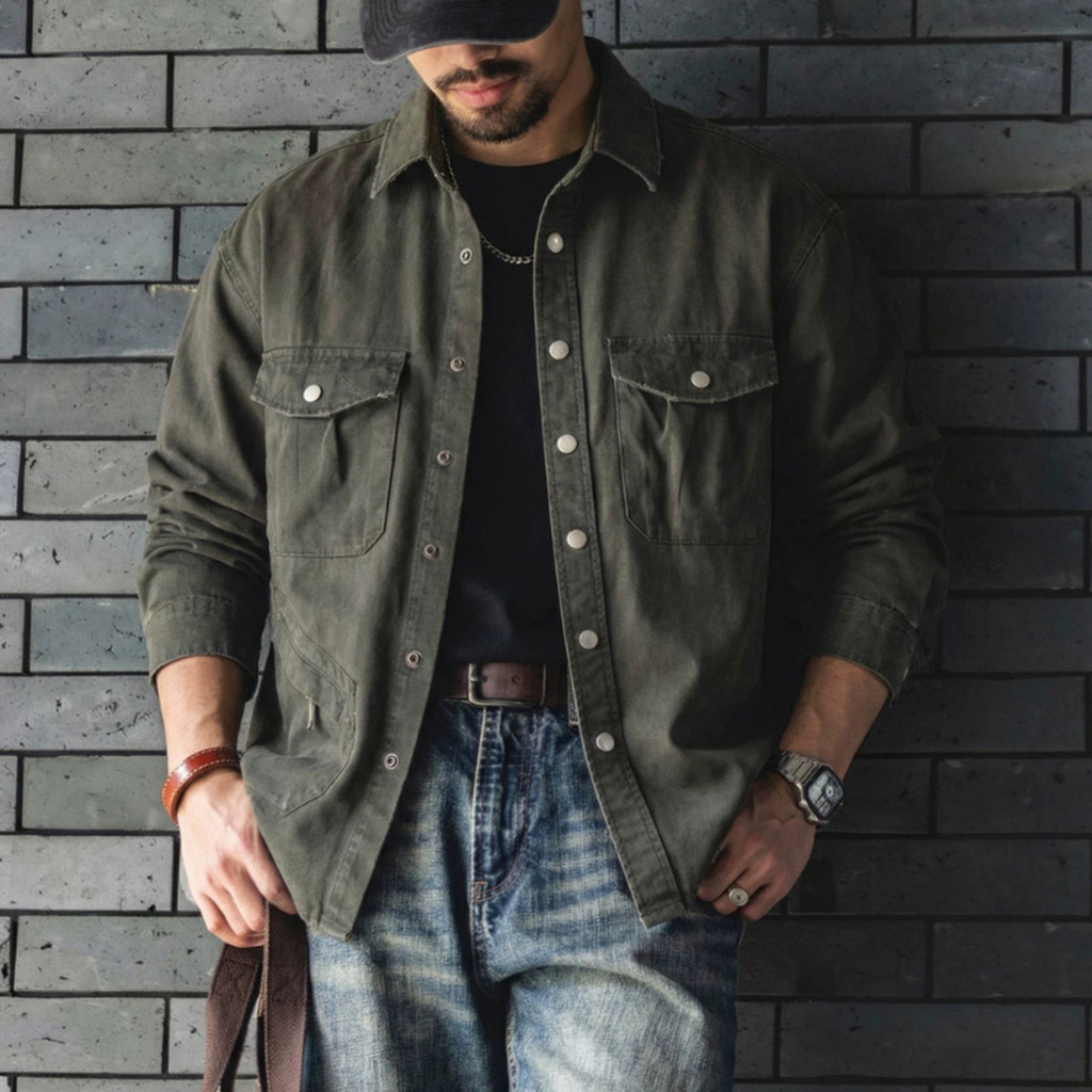 Wuluwear Ami Retro American Workwear เสื้อผ้าฝ้ายแท้สำหรับผู้ชาย ฤดูใบไม้ผลิ ออกแบบมาพร้อมหลายกระเป๋าทรงหลวมใส่สบาย – โปรปัง
