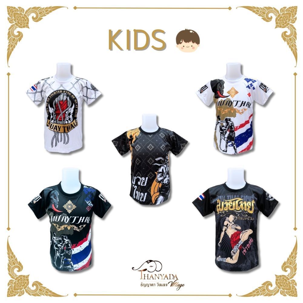 เสื้อยืดพิมพ์ลายมวยไทยสำหรับเด็ก ทำจากผ้าไมโครfiber มีแขนเปิดและคอกลม
