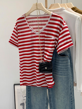 99373เสื้อยืดแขนสั้นคอวีลายทางลูกไม้ทรงหลวม สำหรับใส่สบาย