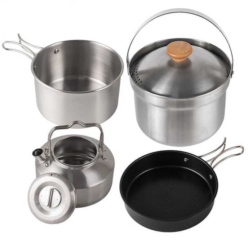 C Camping Cookware Set Outdoor Picnic Cookware Kit Stainless Steel Pot Frying Pan Kettle Set Travel
