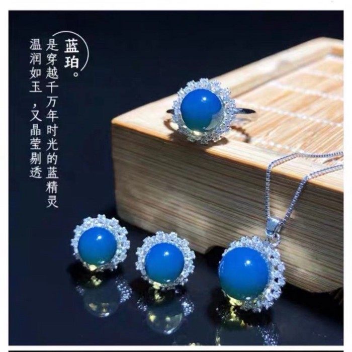 ธรรมชาติ Dominican Amber จี้สร้อยคอ S925 แหวนเงิน 7A น้ําบริสุทธิ์สูงต่างหูสีฟ้า Amber ชุด 2024.7.12