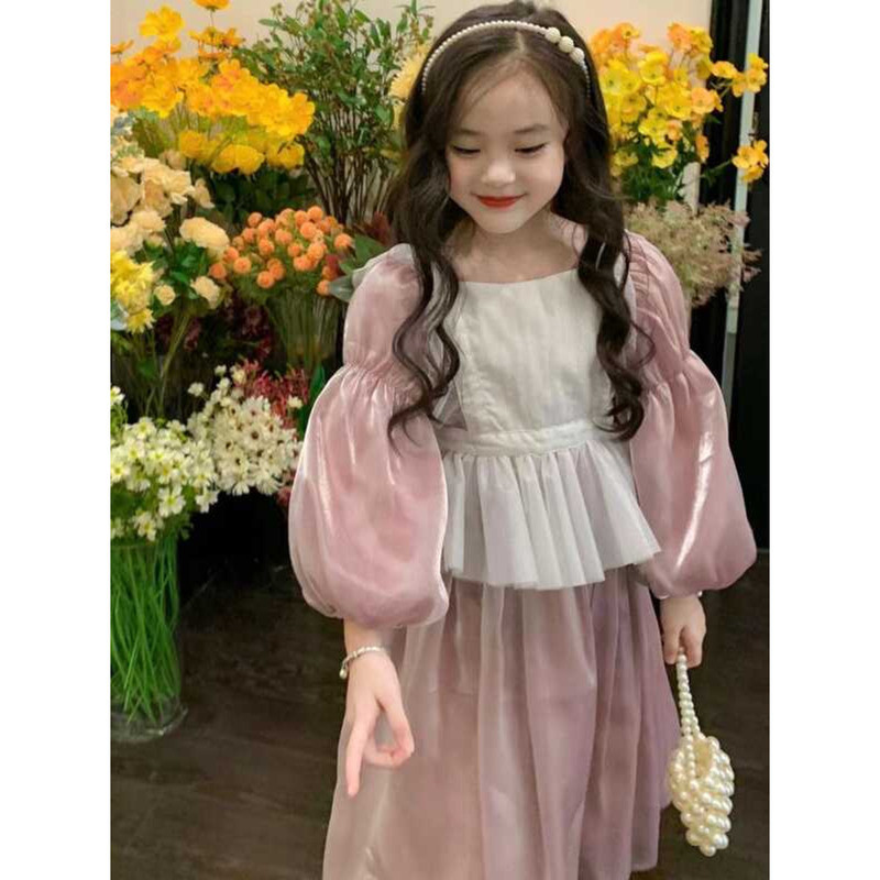 C Girl Princess Long Dress Bubble Sleeve Birthday Dress
