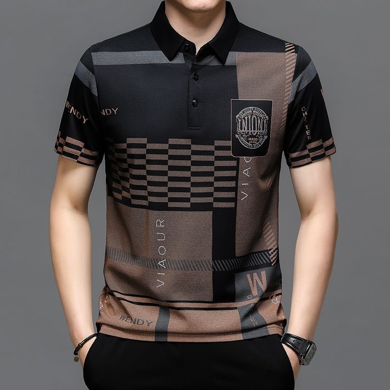 เสื้อโปโลแขนสั้นพิมพ์ลายเกาหลีแฟชั่นสําหรับผู้ชายวัยกลางคนและผู้สูงอายุ