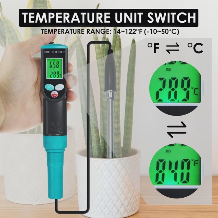 Soil EC Tester, Waterproof Sensor Earth Analyzer for Planting Garden, Digital EC/Temp Soil Tester 0