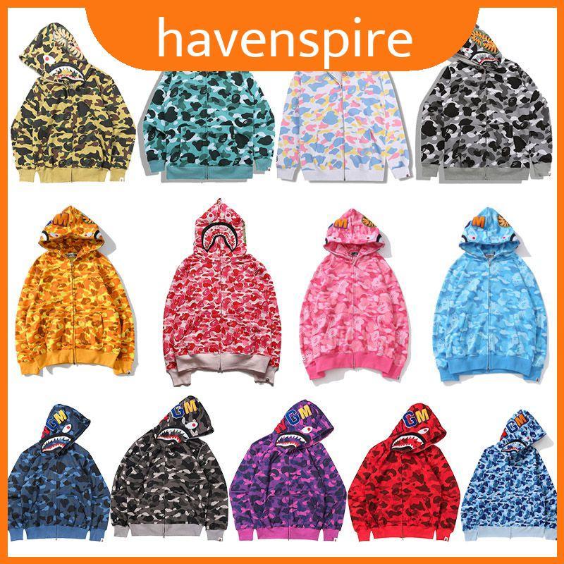 เสื้อฮู้ดพิมพ์ลาย Bape Shark มีฮู้ดและสายรัดด้านหน้า