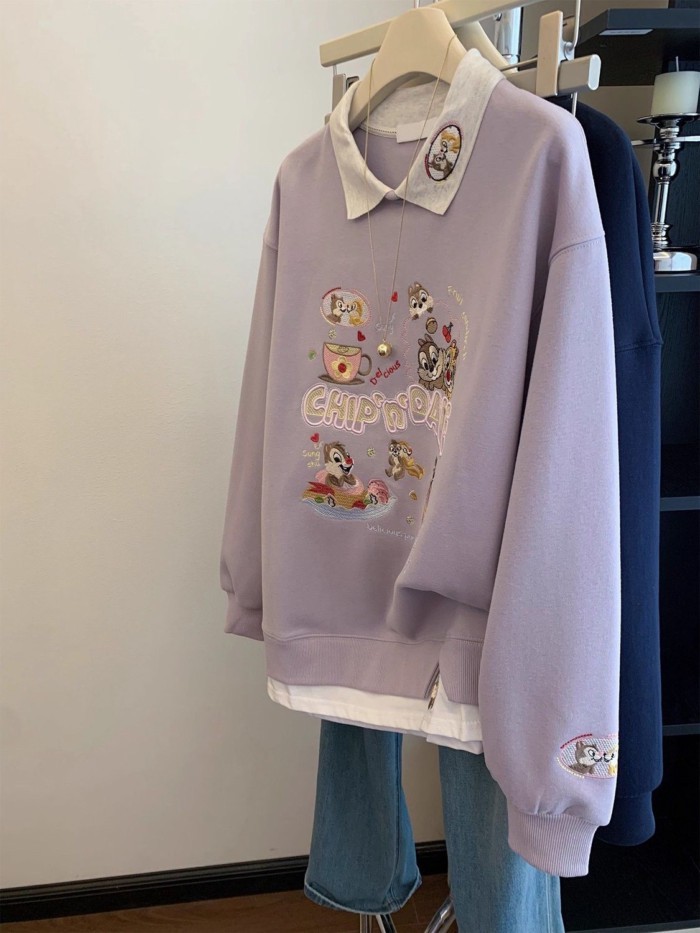 สีม่วงอ่อนปักโปโลปกเสื้อกันหนาวผู้หญิงสไตล์ใหม่ปลอมสองชิ้นการ์ตูนลดอายุเสื้อสวมหัวขนาดเล็ก